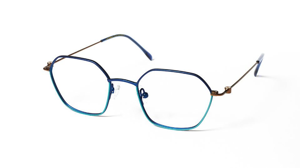 A squared metal rim spectacle frame in an ombre blue