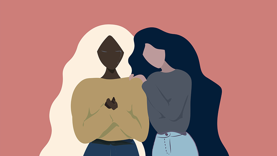 Cartoon of female friends of different ethnicities both with long hair helping each other when one of them is crying on a grey blue background