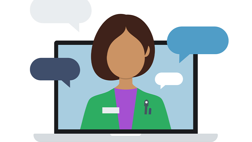 An illustrated person with medium-length dark hair appears on a laptop screen, wearing a green jacket with a name badge and pens in the pocket. Coloured speech bubbles surround the laptop, suggesting a conversation or virtual consultation  