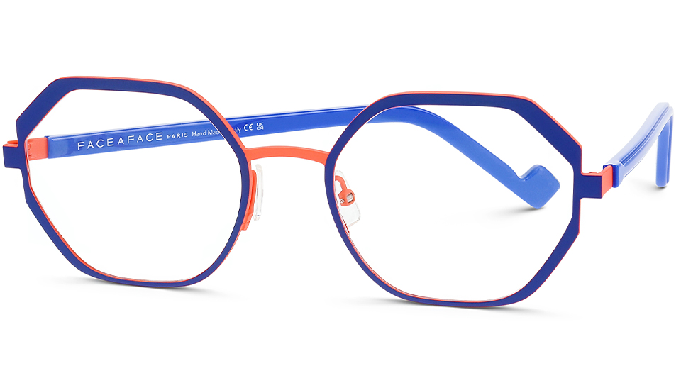 A thin hexagonal frame in Royal blue and orange