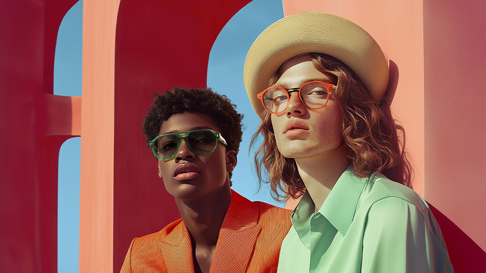 Two models pose against a computer generated background of terracota archways and coastal scenery. One model wears a burnt orange jacket with line detailing and green aviator style sunlasses, while the other wears a pale green silk shirt, bright orange panto glasses and a sunhat. 