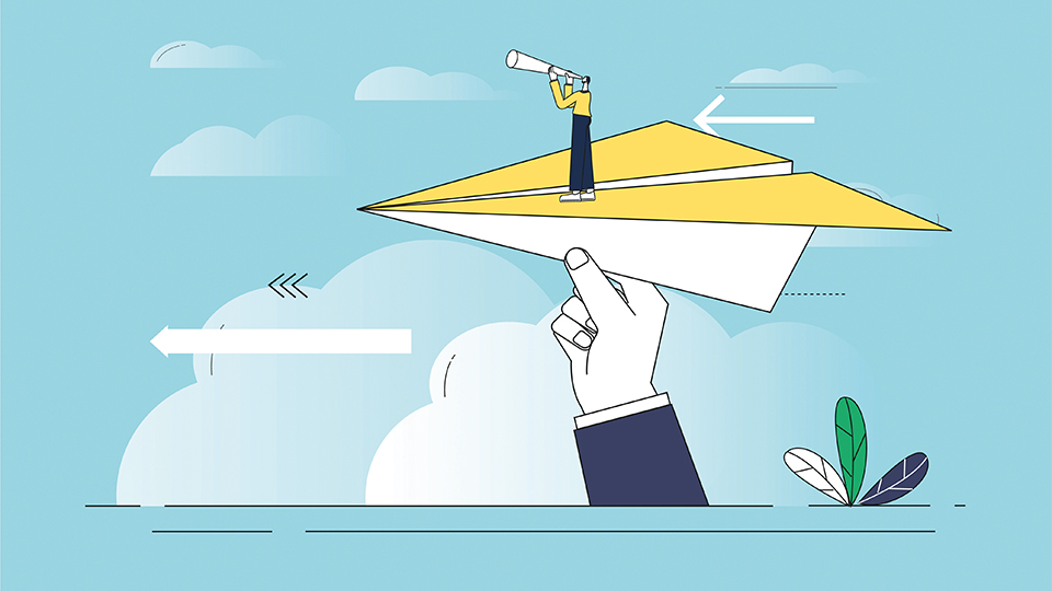 An illustration of a hand holding up a yellow paper plane. On it, stands a tiny person holding a telescope to their eye and looking into the distance. Clouds and arrows line the background