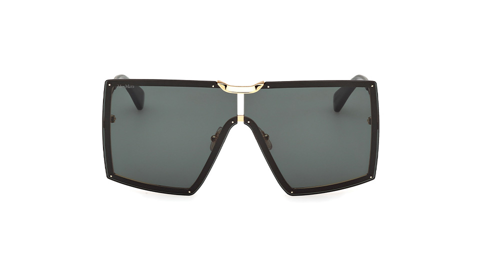 An oversized square frame in black acetate and gold metal with a dark sunglasses lens. The bridge is a stylish gold detail