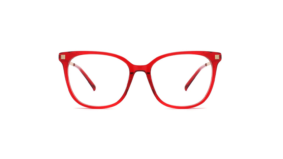 A bright red pair of frames with a slight cat’s eye shape