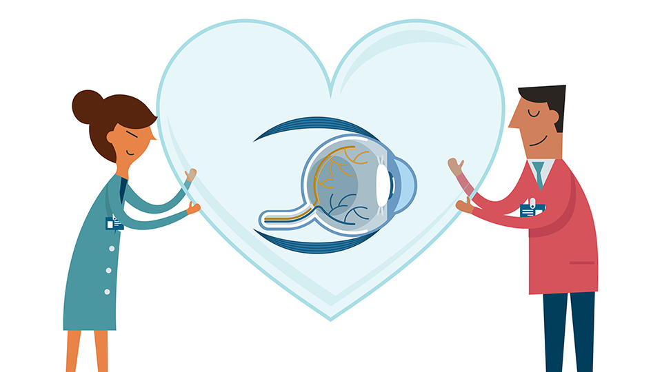 An illustration of two people holding a heart between them, in its centre is a drawing of the anatomy of an eye