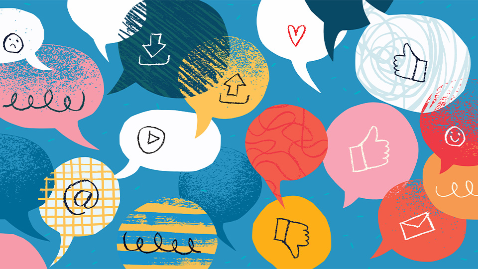 Montage vector illustration composed from randomly placed paper cut out speech bubbles and hand made textures and doodles