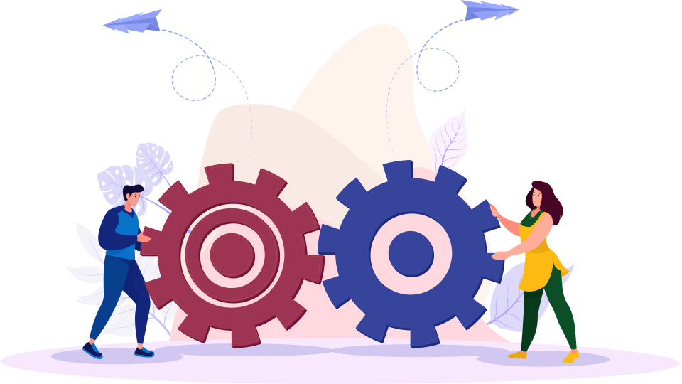 Illustration of two cogs being pushed by two people