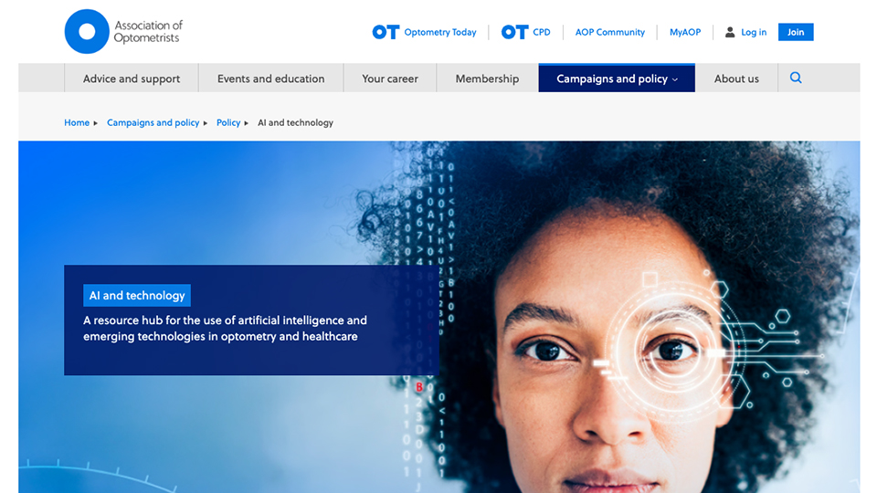 A screengrab of the AOP website showing a page for AI and Technology resources. The main image is a woman surrounded by digital lines and circles