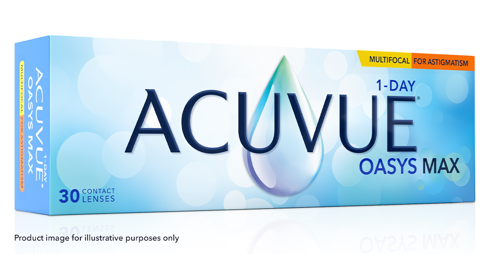 A pack of contact lenses in shades of blue and white. A teardrop in the centre indicates high moisture. Text states Acuvue Oasys Max 1-Day multifocal for astigmatism