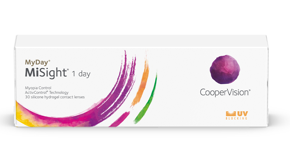 A white box of contact lenses with swirls of purple, pink and orange. Text states MyDay MiSight 1 day myopia control