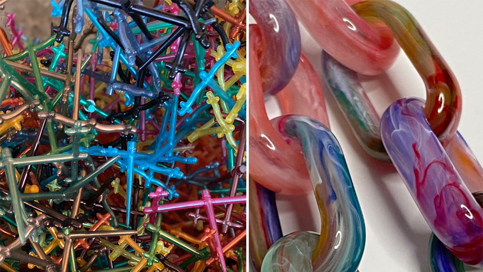 A split screen image. On the left is a bundle of bits of plastic waste in a rainbow array. On the right is a close up of a glasses chain, where the plastic has been melted down into a gradient flowing between colours