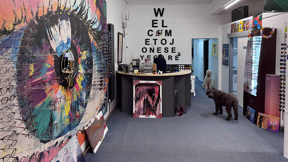 The interior of Jones Eyecare, with dogs in the background