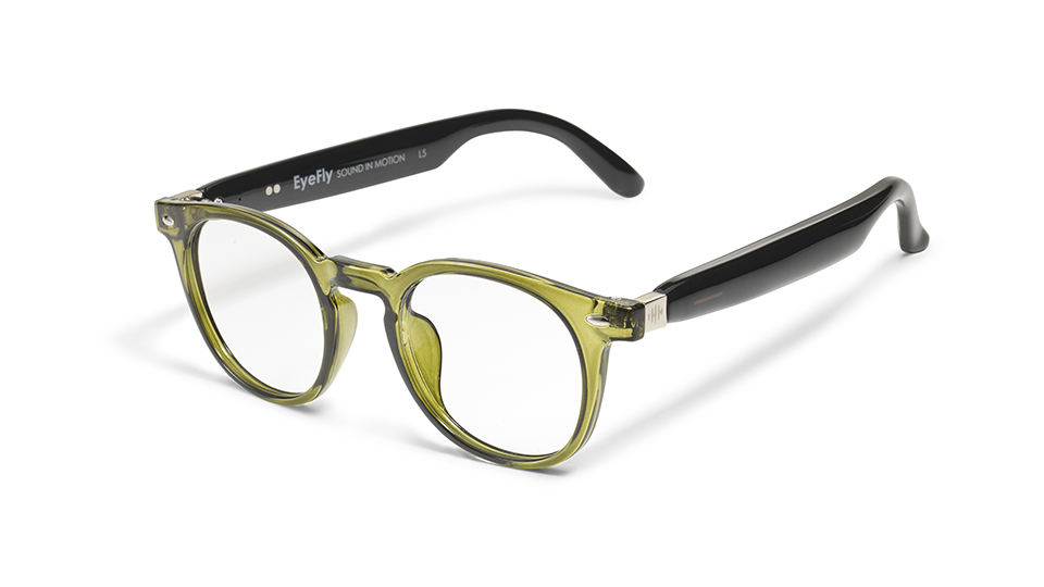 A pair of olive green rectangle spectacles. The EyeFly logo is visible on the inside of one arm of the frame. The arms of the frame are black