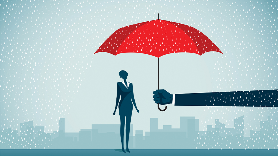 An illustration of a business woman standing alone in the rain. An arm leans in from the right and holds a red umbrella over her to keep her dry