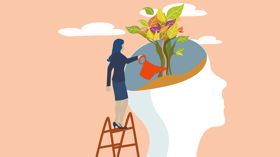 Illustration of a head with a flower growing out of it and it being watered