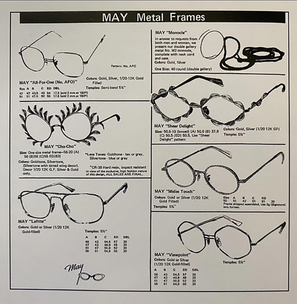 An information sheet for the May Metal Frames which present six different styles for the metal frames collection. This includes frames with flower petal and feather rimes. Another is rounded, one aviator, and another is hexagonal shape