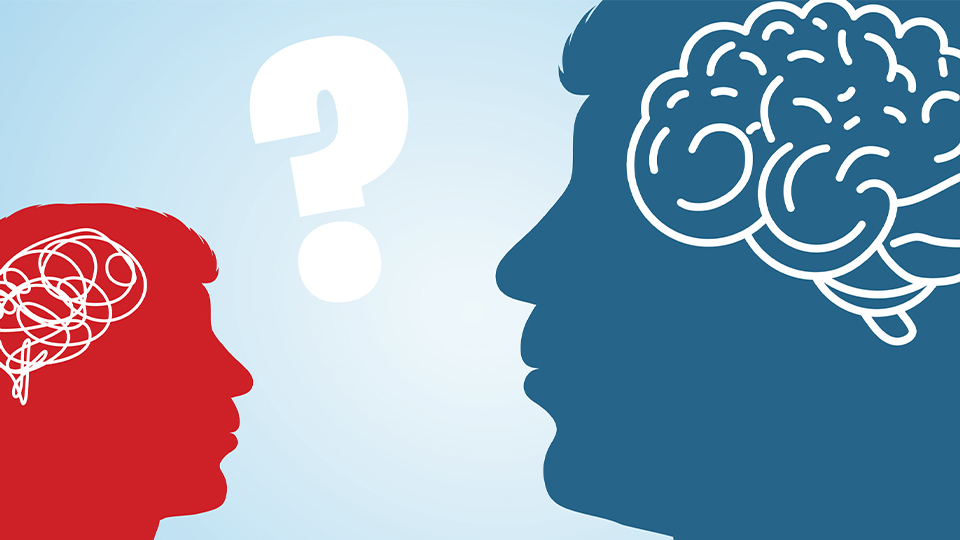 Blue and red cartoons heads showing communication concept