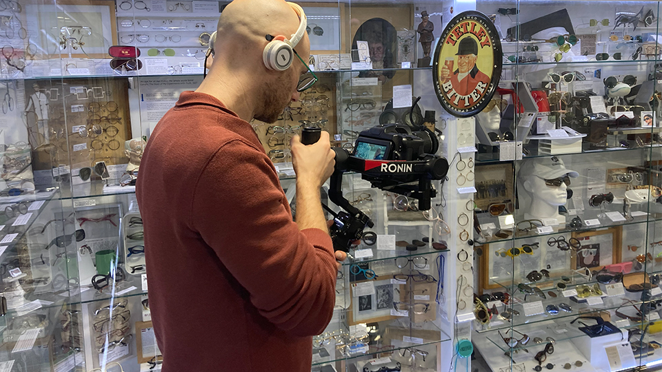 Laurence Derbyshire filming at the British Optical Association Museum