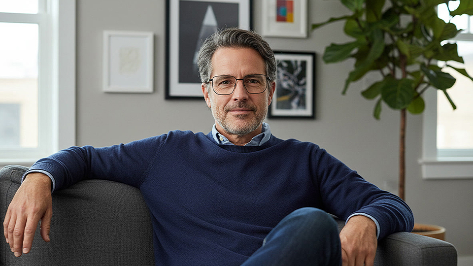 A middle aged man sits on a grey sofa. He wears square wire spectacles. He wears a navy jumper, light blue shirt, and jeans