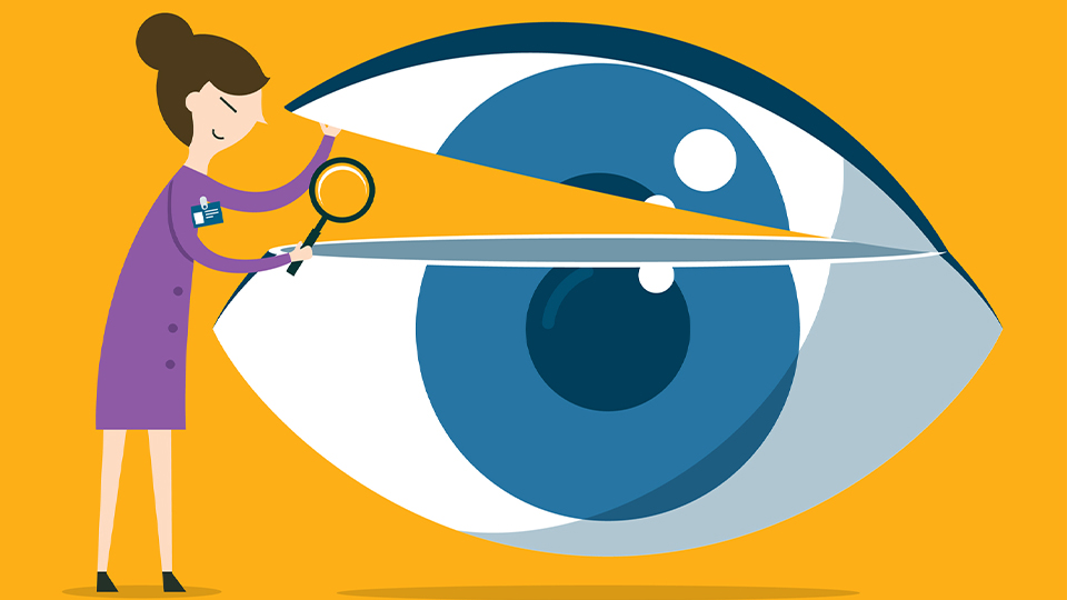Cartoon woman looks inside a giant eye on a yellow background