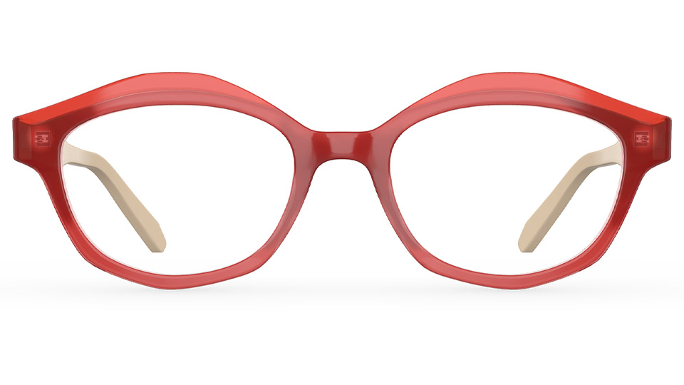 A bright red frame with a curving brow bar reminiscent of a pair of lips