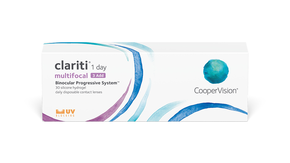 A pack of contact lenses with the clariti multifocal and CooperVision logos