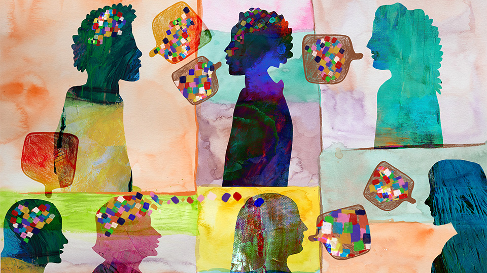 An illustration in an abstract watercolour style of silhouettes of people, with speech bubbles in muticoloured shapes