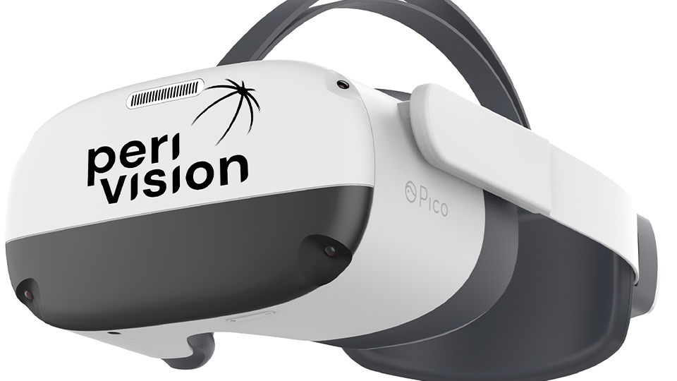 A sleek white headset branded as Perivison
