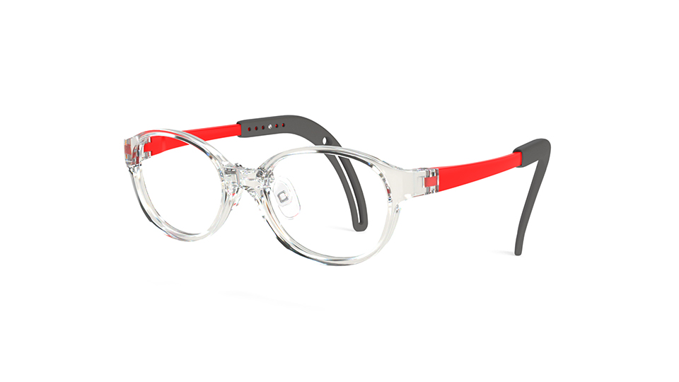 A pair of rounded crystal spectacles with bright red and black temples
