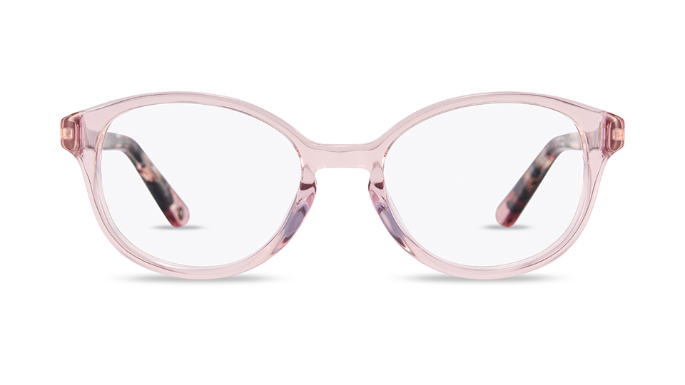 A rounded pair of spectacles in a crystal pink material