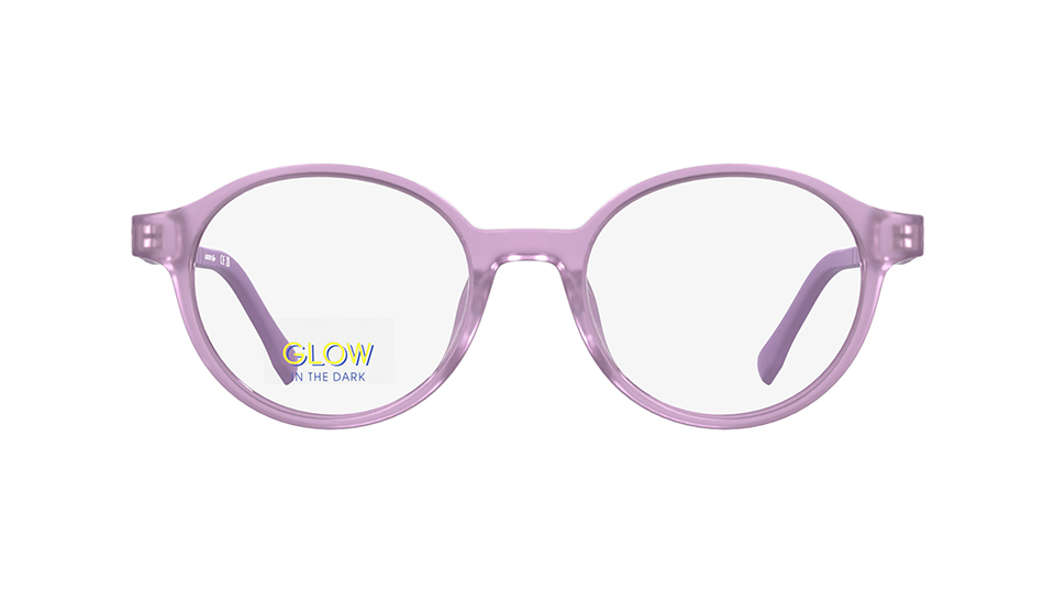 A pair of rounded frames in lilac with rubber temples displaying a textured pattern and inner pop of teal colouring. The Lacoste crocodile logo is visible , while the lens features a Glow in the Dark label