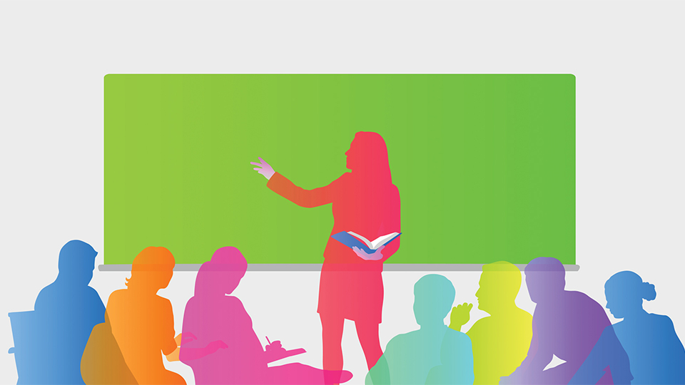 A stylised illustration showing a teacher standing in front of a large green board, holding an open book and gesturing toward the board. Silhouettes of students in bright, overlapping colors sit in front, appearing to listen and take notes