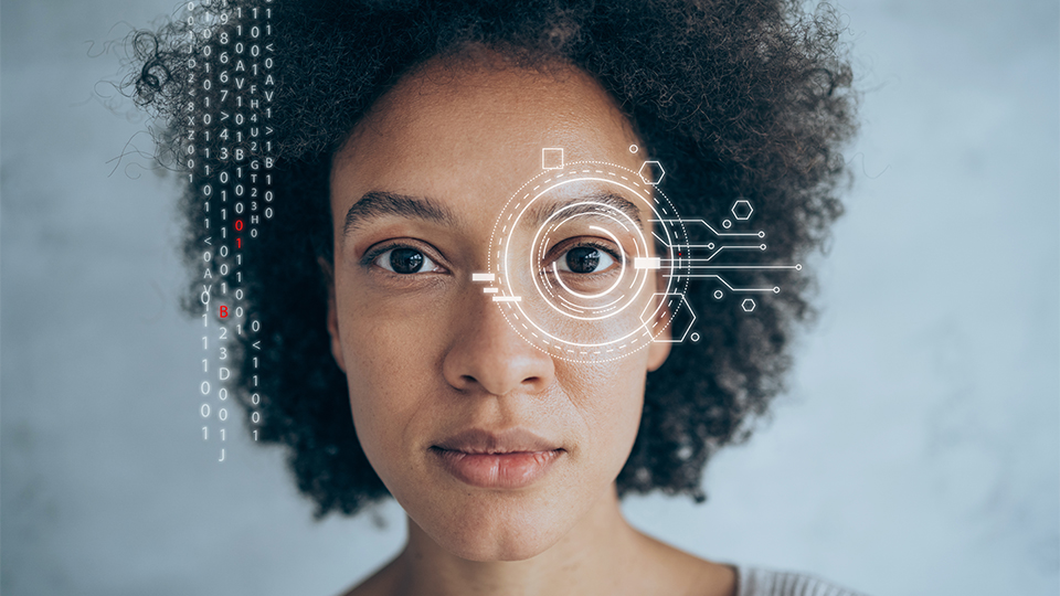 A security biometric retina scanner on woman’s eye