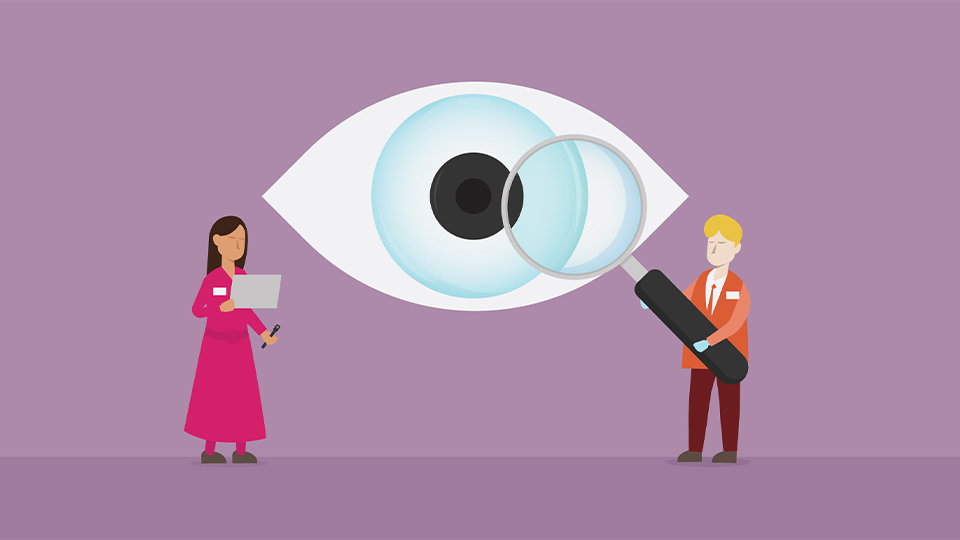 A purple image showing two people in front of a giant cartoon eye