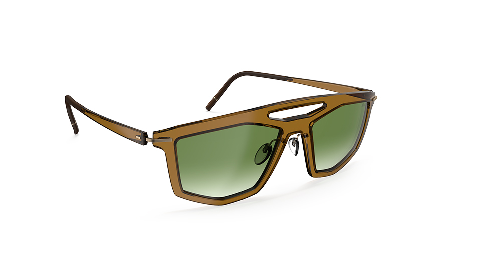 A set of transluscent brown frames in a quirky style with a strong keyhole browline with green lenses