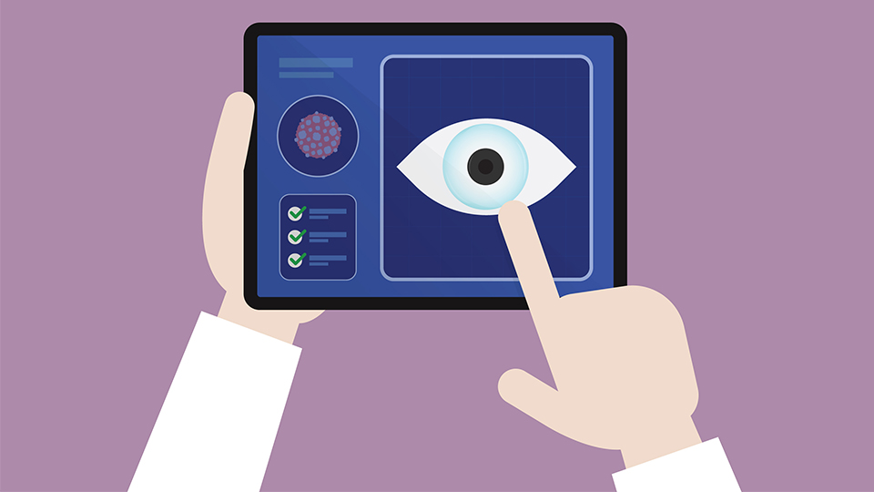 Purple background with a cartoon iPad showing a picture of a person’s eye