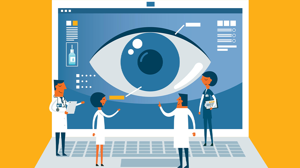 Cartoon of a clinical team checking eyesight on a giant laptop on a yellow background