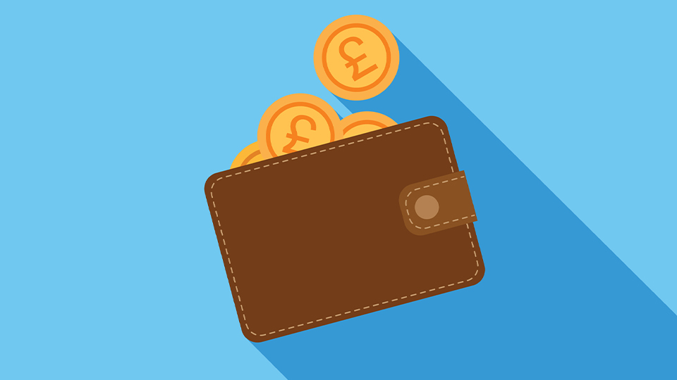 A brown wallet with pound coins on a blue background
