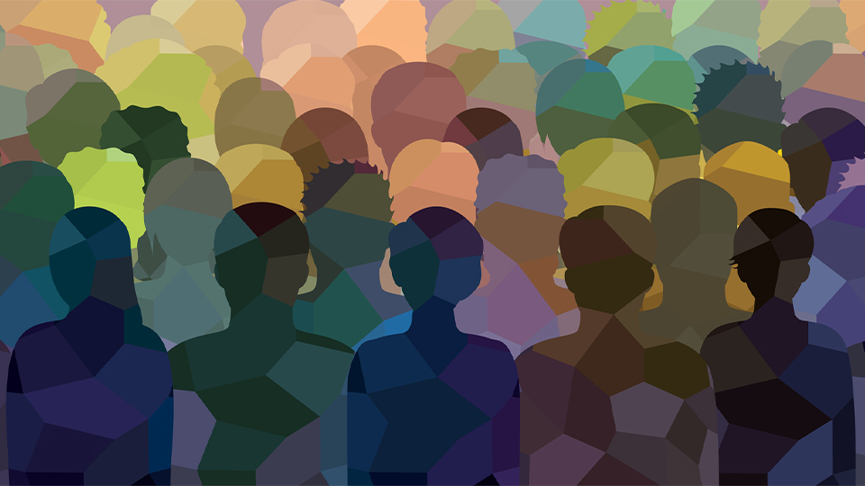Rows of colourful silhouettes giving the impression of anonymity and shared experiences