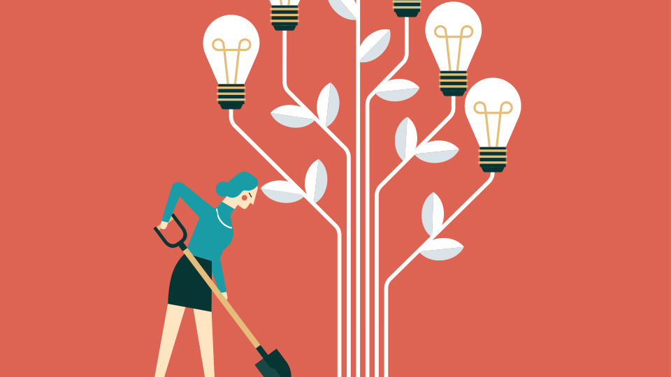 Illustration of a woman with a spade digging at a tree with light bulbs on
