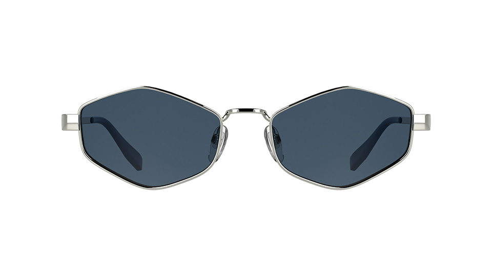 A slim pair of metal sunglasses with a geometric frame front in a blue lens