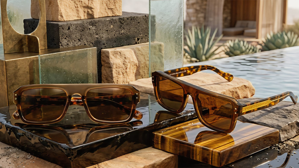 A pair of sunglasses, both in a brown colour, are balanced on marble displays in a luxurious setting