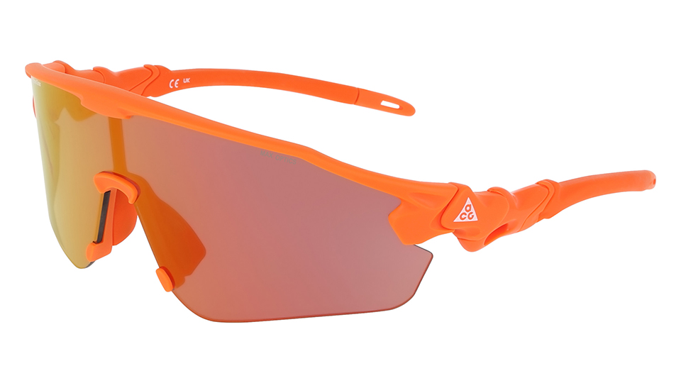 A pair of bright orange sports frames with a rimless bottom half. The lenses are a gradient of orange and yellow