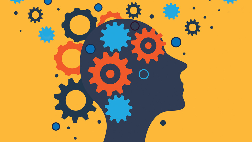 Illustration of a head with cogs and a yellow background
