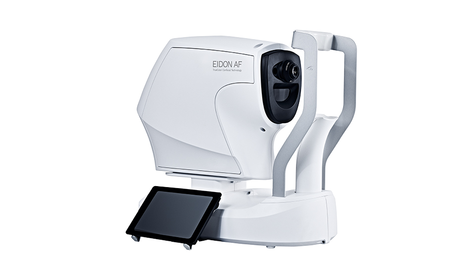 The main image is taken up with a mosaic of circle images of the inside of an eye. A white imaging device is arranged in a small scale in the left corner.