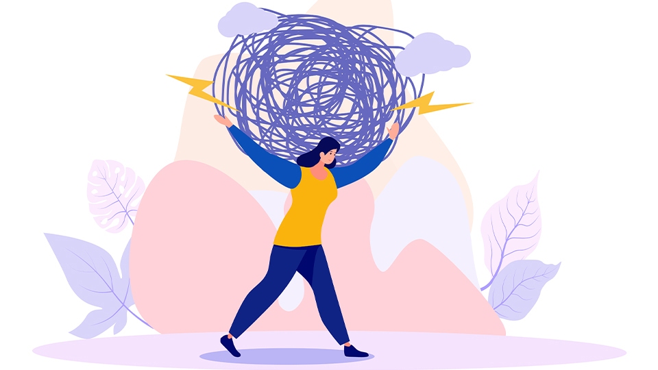  An illustration of a cartoon person carrying a large ball of tangled string above their head, with two yellow lightning signs and two dark grey clouds, all indicating stress