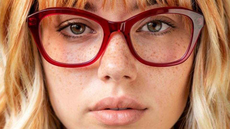 A young blonde-haired woman looks directly into the camera. She wears butterfly-shaped frames in a cherry red