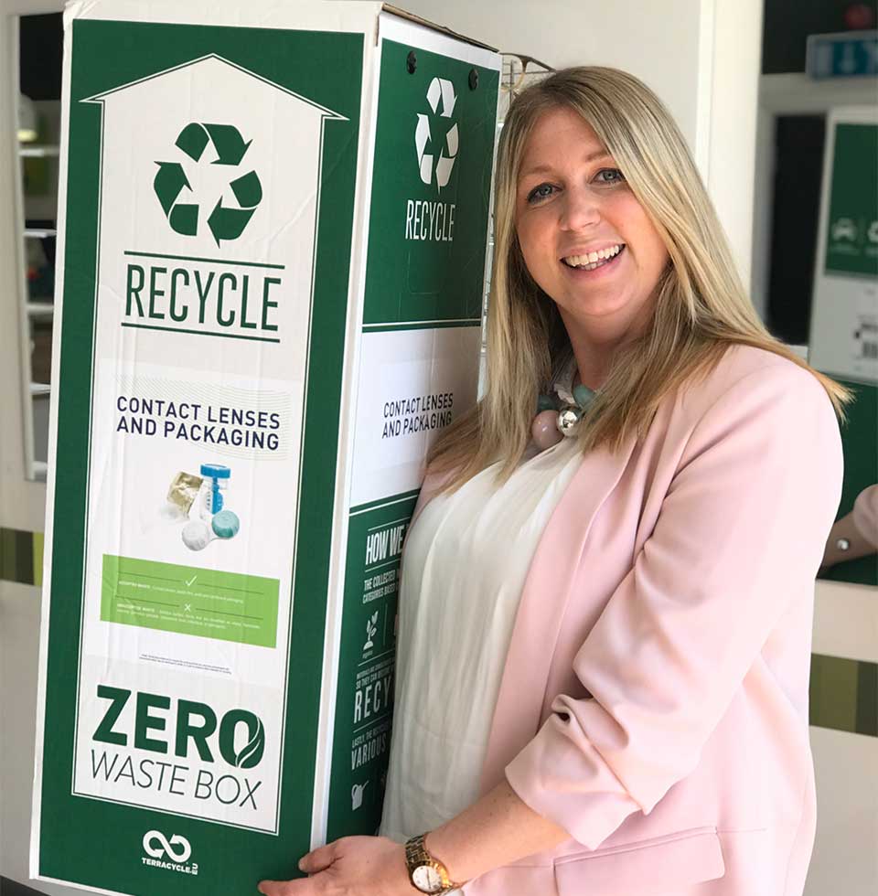 Rachel Valli with a contact lens waste recycling box