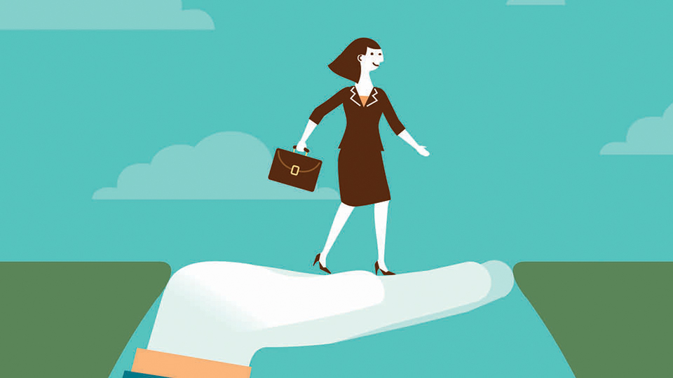 woman standing on giant hand