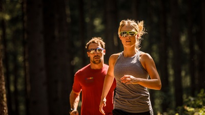 woman and man running